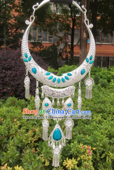 Chinese Traditional Jingpo Minority Blue Tassel Necklace Ethnic Folk Dance Accessories for Women