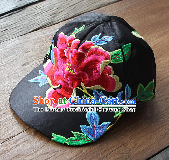 Chinese Traditional Embroidered Red Peony Baseball Cap Yunnan Minority Black Hat for Women