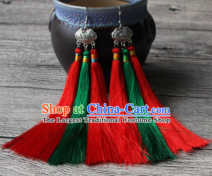 Chinese Traditional Ethnic Green and Red Tassel Earrings National Longevity Lock Ear Accessories for Women
