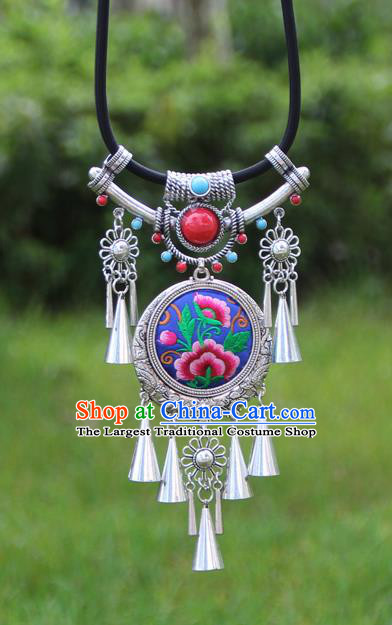 Chinese Traditional Minority Embroidered Peony Blue Necklace Ethnic Folk Dance Accessories for Women