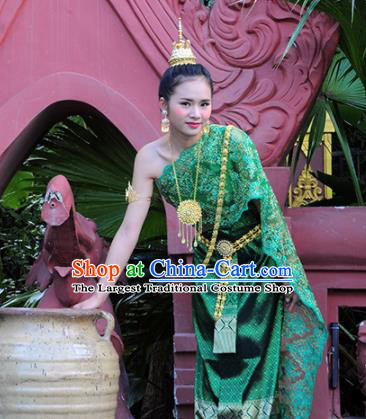 Asian Traditional Thailand Costumes National Handmade Embroidered Green Dress for Women