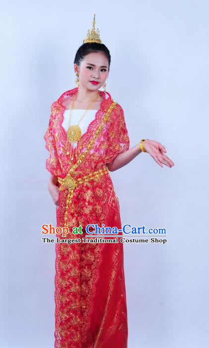 Asian Traditional Thailand Costumes National Handmade Embroidered Red Dress for Women