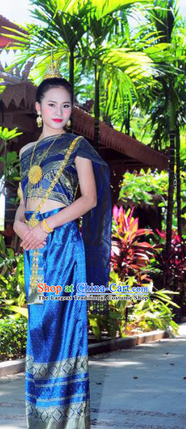 Asian Traditional Thailand Costumes National Handmade Embroidered Royalblue Dress for Women