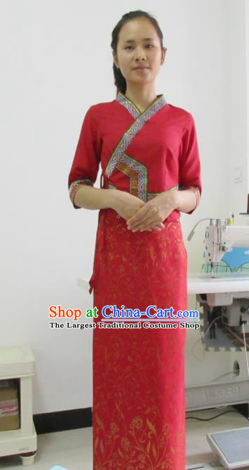 Asian Chinese Ethnic Costumes Traditional Dai Nationality Folk Dance Red Dress for Women