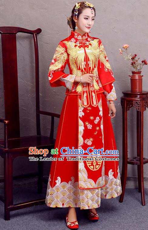 Traditional Chinese Wedding Costume Ancient Bride Embroidered Phoenix Red Rhinestone Xiuhe Suit Clothing for Women