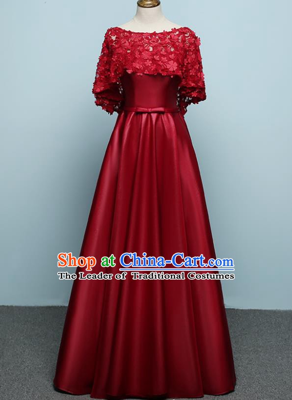 Professional Modern Dance Costume Chorus Group Clothing Bride Toast Wine Red Lace Full Dress for Women
