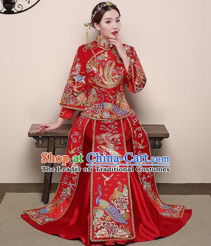 Traditional Chinese Wedding Costume Ancient Bride Delicate Embroidered Red Xiuhe Suit Clothing for Women