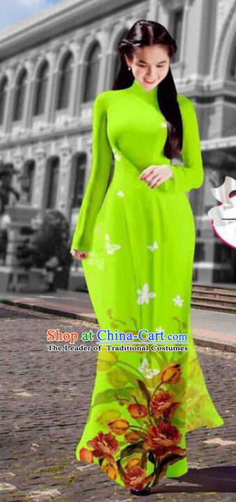 Asian Vietnam Costume Vietnamese Trational Dress Printing Grass Green Ao Dai Cheongsam Clothing for Women