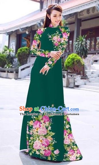Asian Vietnam Palace Costume Vietnamese Trational Dress Printing Green Ao Dai Cheongsam Clothing for Women