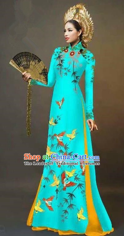 Asian Vietnam National Costume Vietnamese Trational Dress Printing Bamboo Blue Ao Dai Cheongsam for Women