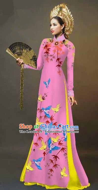 Asian Vietnam National Costume Vietnamese Trational Dress Printing Bamboo Pink Ao Dai Cheongsam for Women