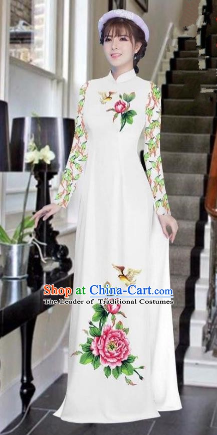 Asian Vietnam National Costume Vietnamese Bride Trational Dress Printing Peony White Ao Dai Cheongsam for Women