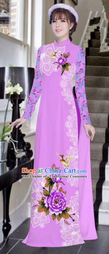 Asian Vietnam National Costume Vietnamese Bride Trational Dress Printing Peony Lilac Ao Dai Cheongsam for Women