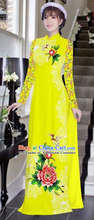 Asian Vietnam National Costume Vietnamese Bride Trational Dress Printing Peony Yellow Ao Dai Cheongsam for Women