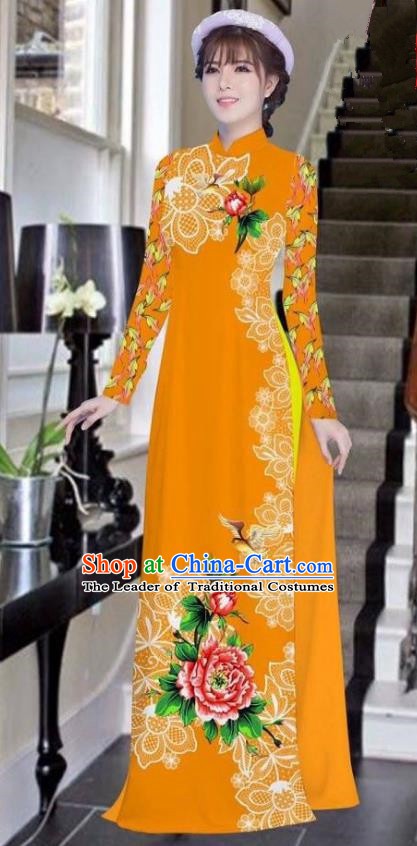 Asian Vietnam National Costume Vietnamese Bride Trational Dress Printing Peony Orange Ao Dai Cheongsam for Women