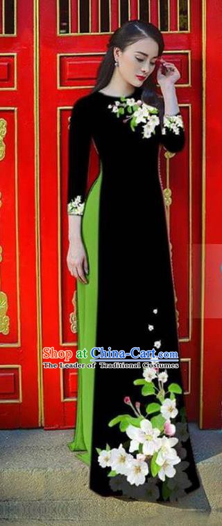 Asian Vietnam National Costume Vietnamese Bride Trational Dress Printing Flowers Black Ao Dai Cheongsam for Women
