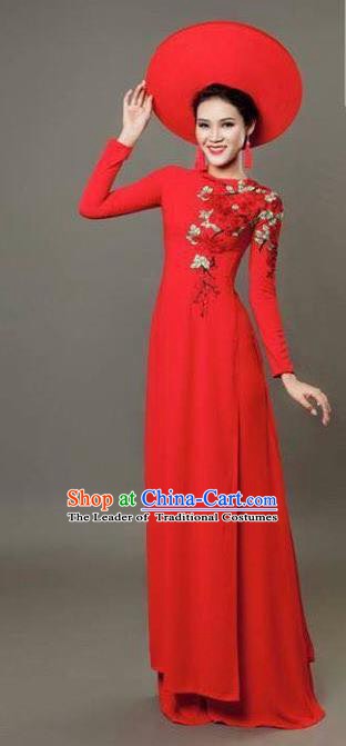 Asian Vietnam Costume Vietnamese Bride Trational Red Ao Dai Cheongsam Dress for Women