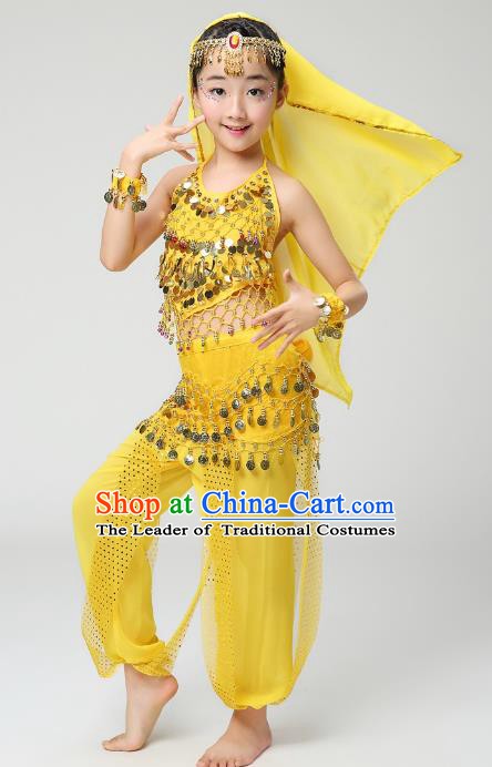 Traditional India Dance Yellow Costume, Asian Indian Belly Dance Paillette Clothing for Kids
