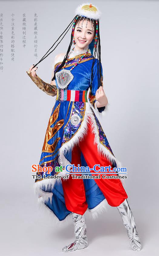 Traditional Chinese Mongol Nationality Dance Costume, Mongols Female Folk Dance Embroidery Blue Dress for Women