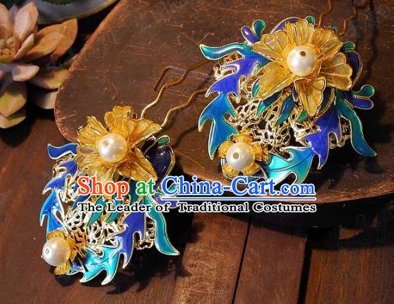 Chinese Handmade Classical Wedding Blueing Hairpins Ancient Hanfu Hair Clip Hair Accessories for Women