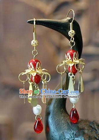 Asian Chinese Traditional Handmade Jewelry Accessories Eardrop Red Tassel Earrings for Women