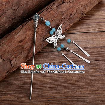 Handmade Chinese Ancient Princess Hair Accessories Blue Beads Butterfly Hairpins for Women