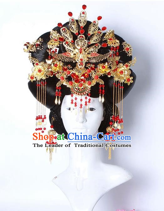 Handmade Chinese Ancient Imperial Concubine Hair Accessories Wig and Phoenix Coronet Hairpins Complete Set for Women