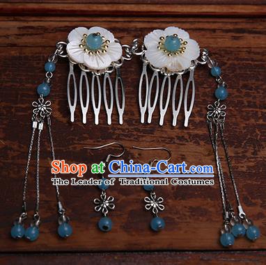 Handmade Chinese Ancient Hair Accessories Blue Beads Tassel Hair Comb Hairpins for Women