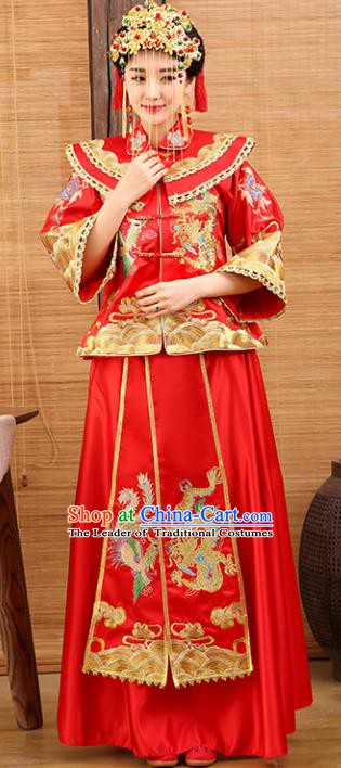 Traditional Ancient Chinese Costume Xiuhe Suits Wedding Embroidered Dragon and Phoenix Red Toast Clothing for Women