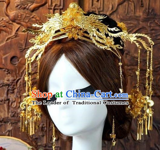 Chinese Handmade Classical Wedding Hair Accessories Ancient Hanfu Golden Hairpins Bride Phoenix Coronet for Women