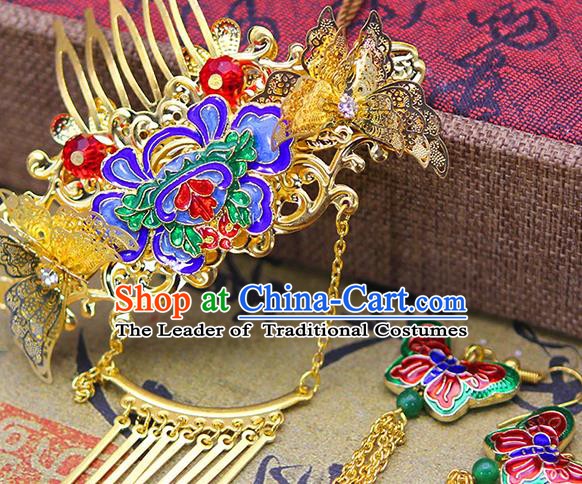 Handmade Asian Chinese Ancient Palace Lady Hair Accessories Hanfu Cloisonne Hair Comb and Earrings for Women