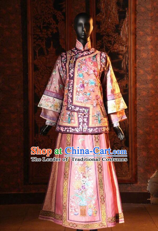 Traditional Chinese Qing Dynasty Manchu Palace Lady Embroidered Costume for Women