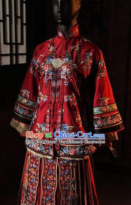 Traditional Chinese Qing Dynasty Young Mistress Embroidered Costume Red Xiuhe Suits for Women