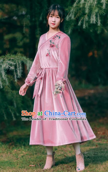 Traditional Chinese National Costume Embroidered Pink Dress Tang Suit Hanfu Dress for Women