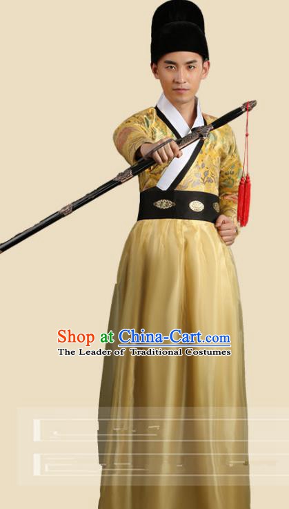 Traditional China Ancient Song Dynasty Imperial Bodyguard Costume Swordsman Yellow Robe Clothing for Men