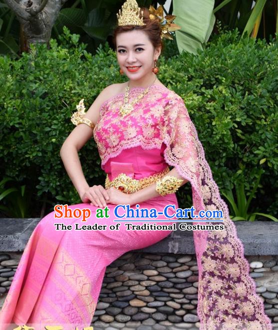 Traditional Asian Thailand Stage Performance Costume National Rosy Dress for Women
