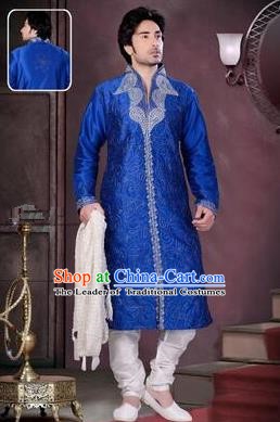 Traditional Asian India Stage Performance Royalblue Costume Hindustan Indian Prince National Clothing for Men