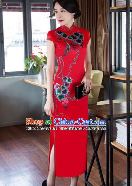 Traditional Chinese National Wedding Costume Printing Red Cheongsam Dress for Women