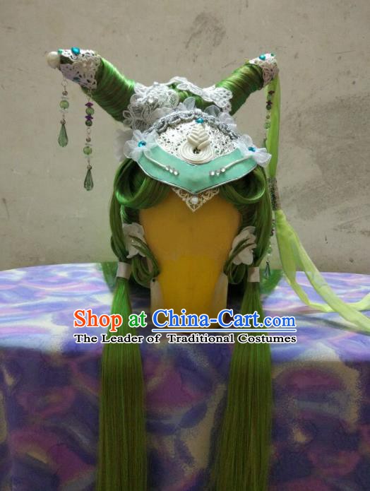 Traditional China Ancient Cosplay Swordswoman Hair Accessories Green Wig and Hairpins for Women