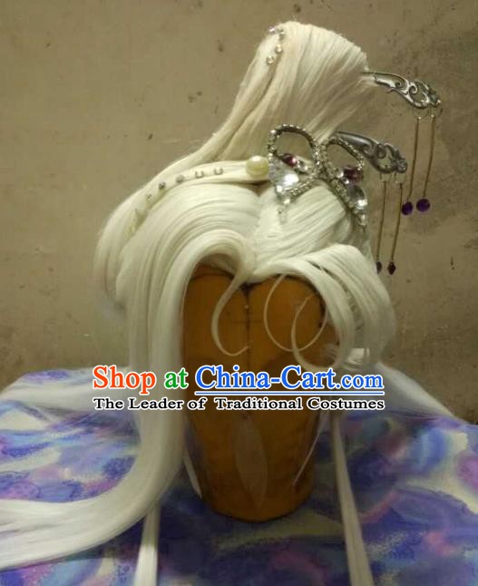 Traditional China Ancient Cosplay Princess Swordswoman Wig and Hair Accessories for Women