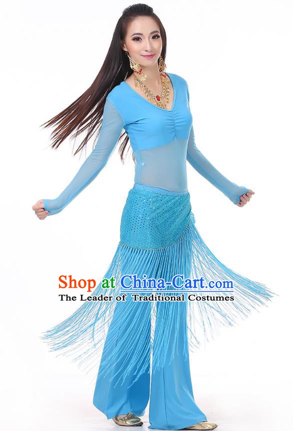 Asian Indian Belly Dance Blue Costume Stage Performance India Raks Sharki Dress for Women