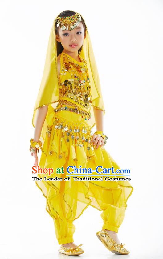 Asian Indian Belly Dance Costume Stage Performance India Raks Sharki Yellow Dress for Kids