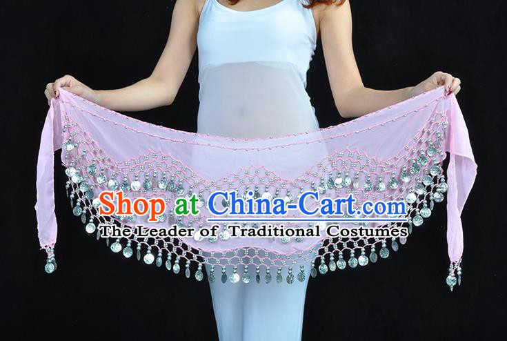 Asian Indian Belly Dance Argent Paillette Pink Silk Waistband Accessories India Raks Sharki Belts for Women
