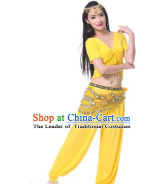 Asian Indian Belly Dance Costume Stage Performance Yellow Outfits, India Raks Sharki Dress for Women