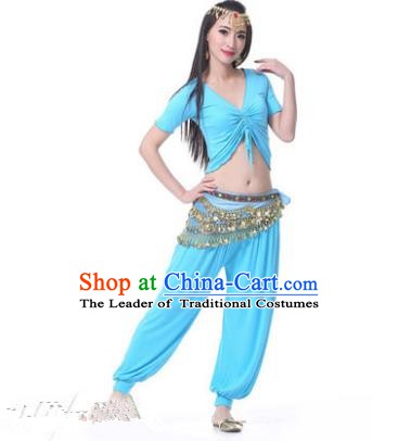 Asian Indian Belly Dance Costume Stage Performance Blue Outfits, India Raks Sharki Dress for Women