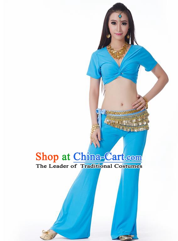 Asian Indian Belly Dance Costume Stage Performance Yoga Blue Outfits, India Raks Sharki Dress for Women