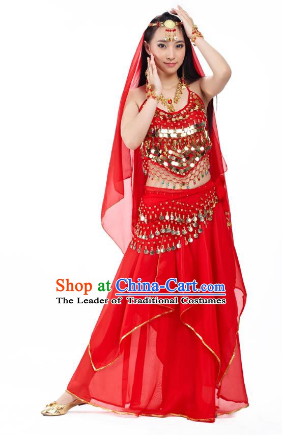 Asian Indian Belly Dance Red Costume Stage Performance Outfits, India Raks Sharki Dress for Women