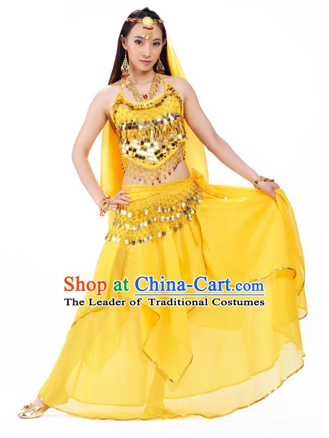 Asian Indian Belly Dance Yellow Costume Stage Performance Outfits, India Raks Sharki Dress for Women