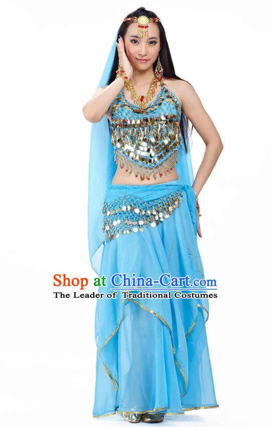 Asian Indian Belly Dance Blue Costume Stage Performance Outfits, India Raks Sharki Dress for Women