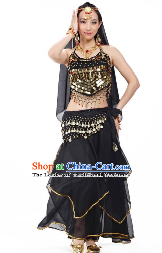 Asian Indian Belly Dance Black Costume Stage Performance Outfits, India Raks Sharki Dress for Women